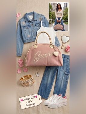 Guess Vintage Y2K Pink Velour Bowler Bag Embroidered Logo Heart Charm Handbag